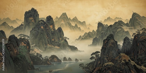 Mountain landscape with mist and waterway in soft hues