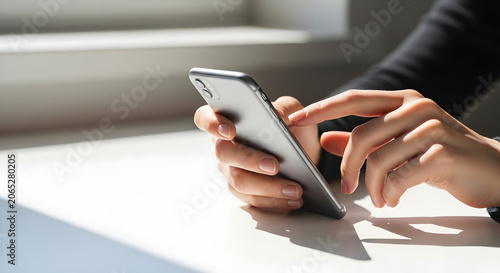Close-up view of hands engaging with a modern smartphone, representing digital connectivity, communication, and the widespread integration of mobile technology in daily life