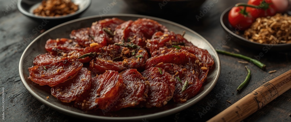 Obraz premium Platter of marinated meat slices on a dark table