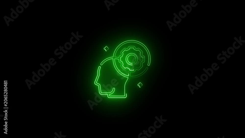 Neon human head with rotating gears animation: artificial intelligence and innovation concept
