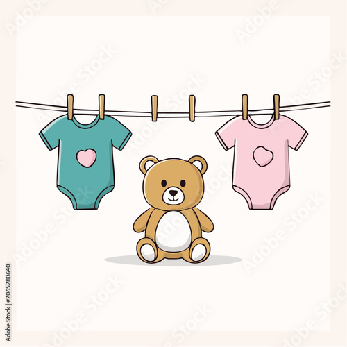 Baby Clothes and Teddy Bear on Clothesline