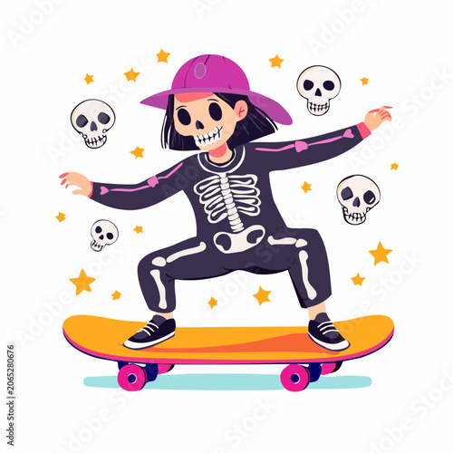 Child in Skeleton Costume Skateboarding with Skulls and Stars