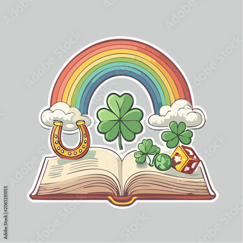 St. Patrick's Day Symbols on Open Book with Rainbow