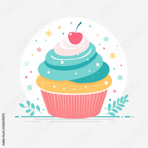 Stylized Cupcake with Cherry and Snowflakes