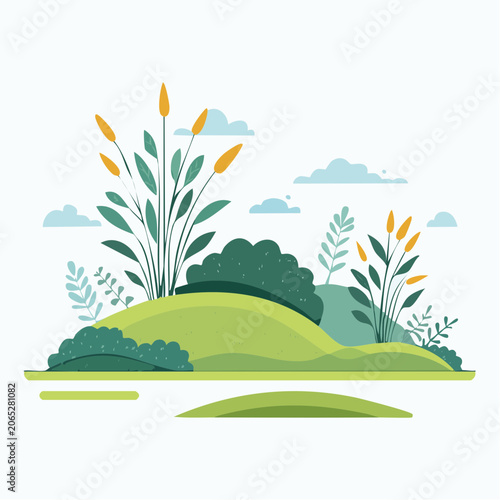 Stylized Landscape with Green Hills and Plants