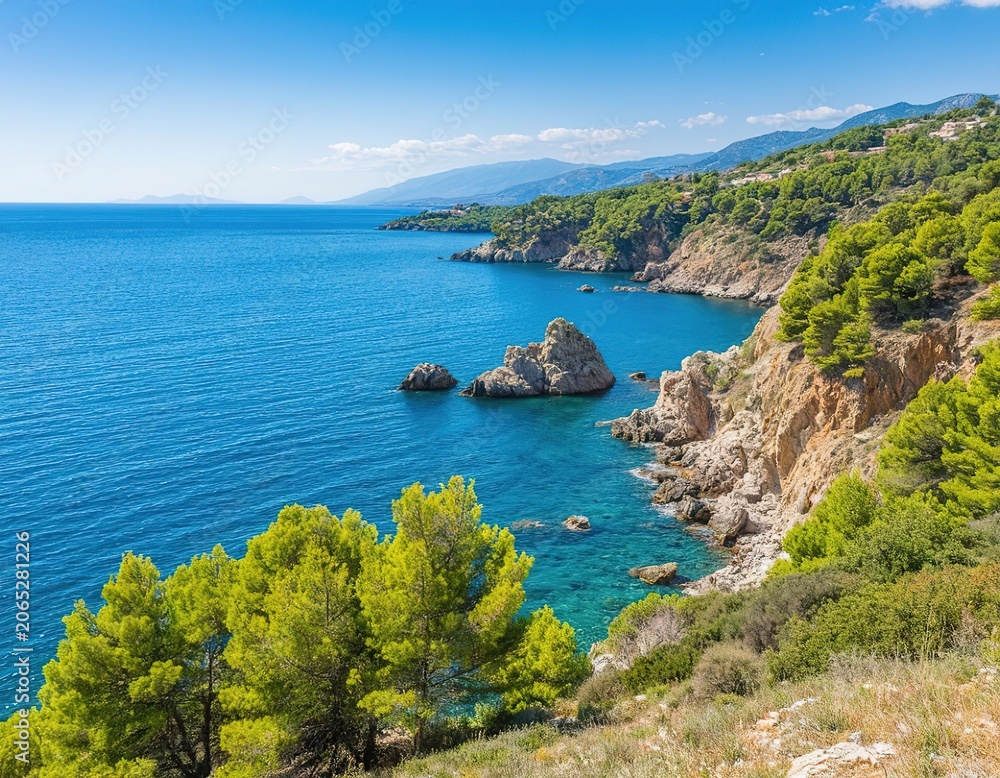 Fototapeta premium Seascape - coastline, horizon, blue color. Sea, ocean, natural beauty.