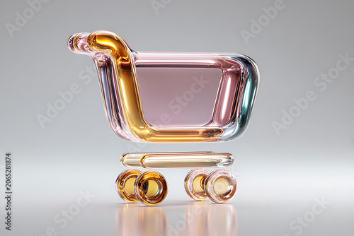 Glass shopping cart, colorful, transparent, retail symbol, commerce icon