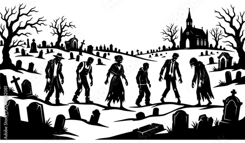 Foto Undead Monsters in Haunted Cemetery Black Silhouette Panorama Halloween Vector I