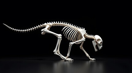 A dinosaur skeleton posed in a running position on a black background