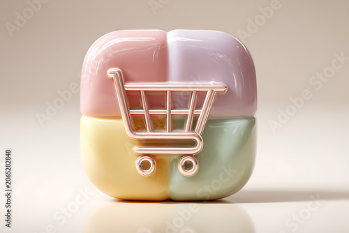 Pastel shopping cart icon, colorful e-commerce symbol, rounded 3D object, soft hues