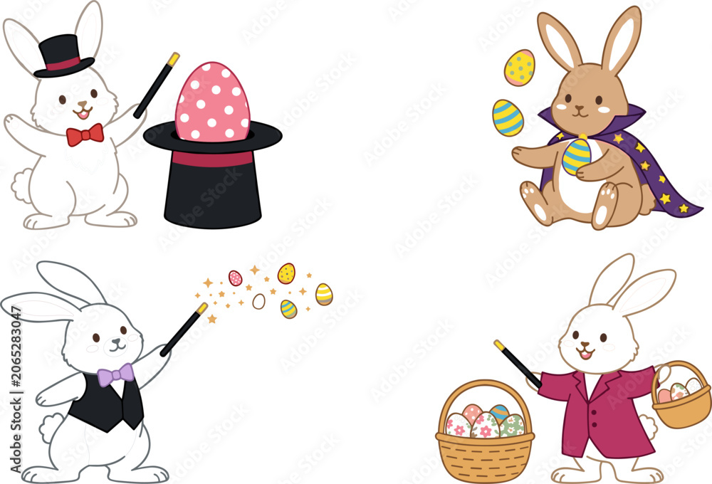 Fototapeta premium Cute Magician Easter Bunny Vector Character Set with Magic Wands, Top Hats, and Juggling Patterned Eggs for Spring Holiday Celebration Greeting Cards and Children Prints