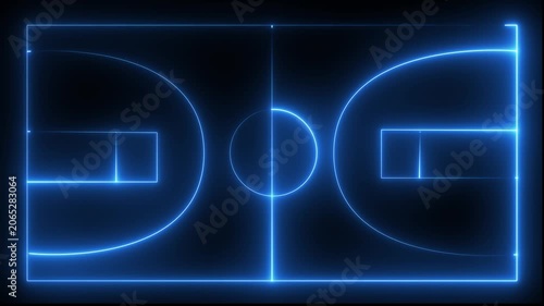 Vertikal basketball court. Basketball court black outline on white backround. Neon basketball court diagram glowing white lines on black grid background digital animation