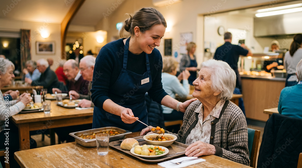 Fototapeta premium A friendly caregiver serving a warm meal to an elderly woman in a dining hall