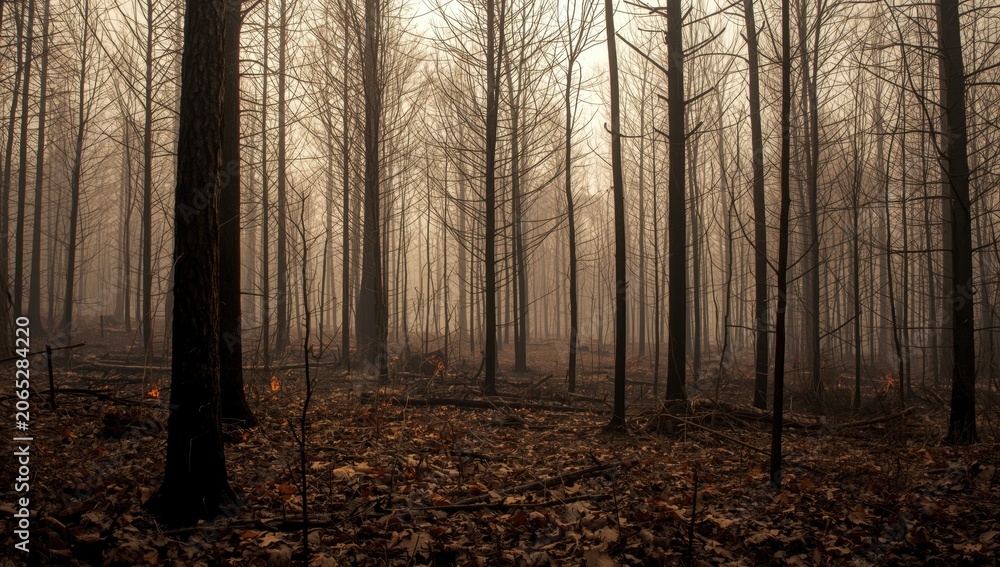 Fototapeta premium Barren forest with fog and fallen leaves in autumn