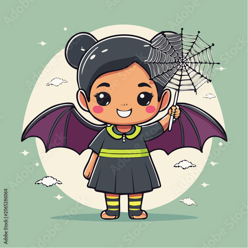 Cute Bat Girl Holding Spiderweb Umbrella