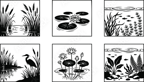 Set of black and white pond nature and aquatic illustrations
