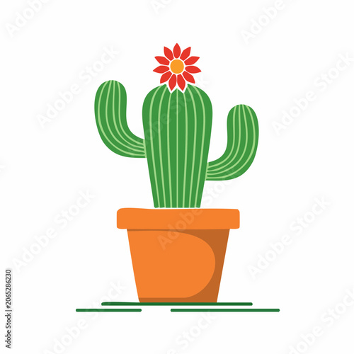 Green cactus with red flower in orange pot, flat design
