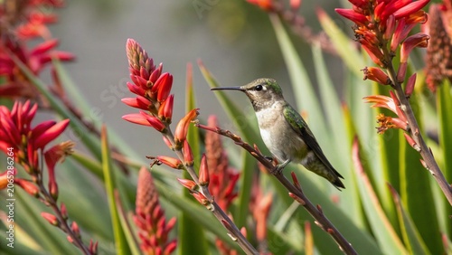 Canvastavla Slowmotion of a juvenile male Costa's hummingbird visits some red yucca flowers in early morning light