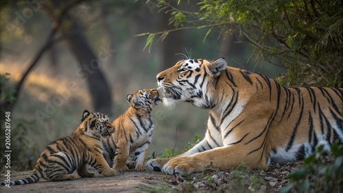 Close up of Royal bengal tiger playing with cubs in the wild.
