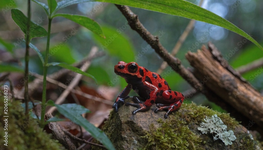 Obraz premium Strawberry poison red dart frog (Oophaga pumilio) in forest, Bocas del Toro island, Panama. People use the frog’s poison for blow darts and arrow poison. 