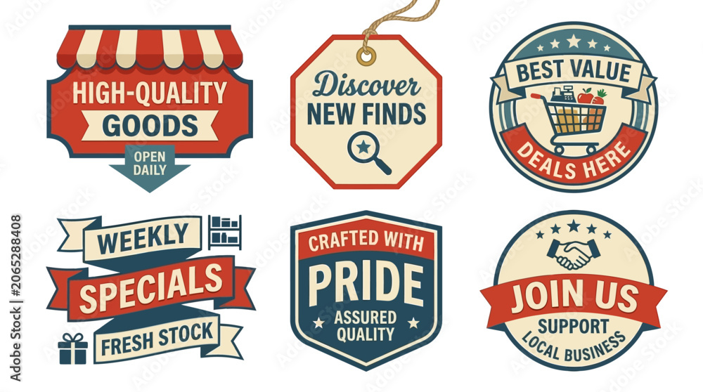 Obraz premium Set of beautifully crafted retro-style vector badges for retail promotions, highlighting superior quality, weekly specials, and local business support