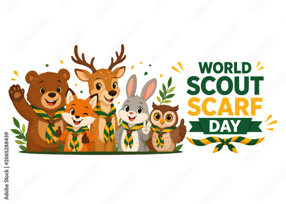 Fototapeta premium World Scout Scarf Day with cute bear, fox, deer, rabbit and owl wearing neckerchiefs and celebrating friendship vector illustration