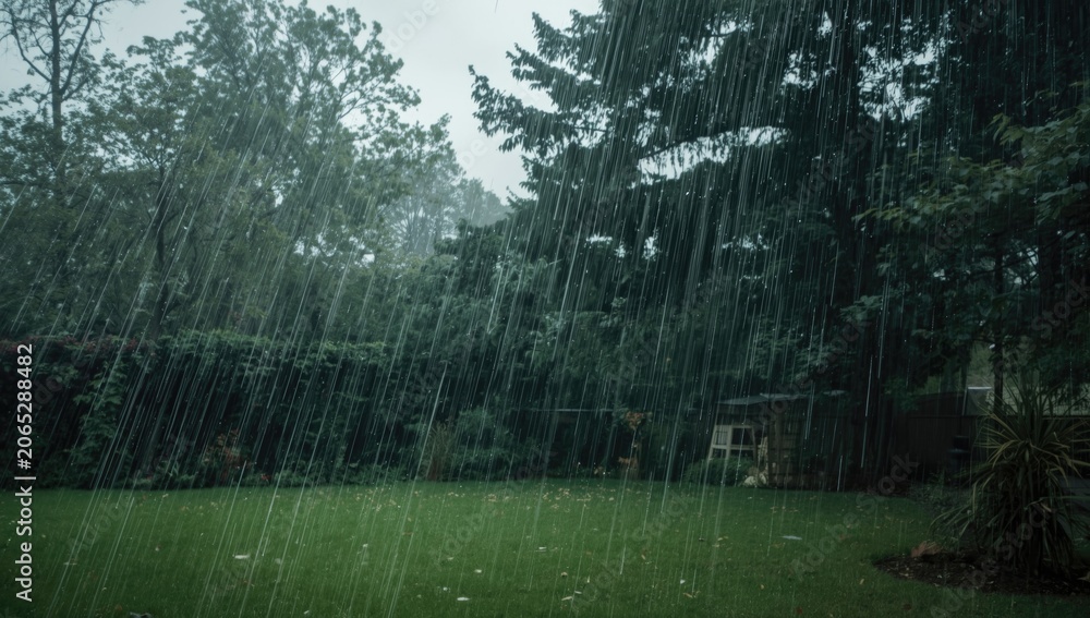 Obraz premium Heavy rain falling in a green backyard with trees