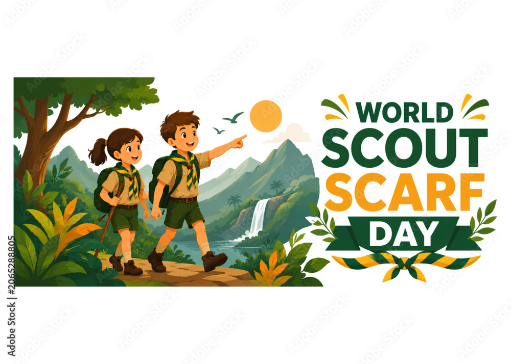 Fototapeta premium World Scout Scarf Day children exploring mountain landscape with backpacks and neckerchief uniforms vector illustration
