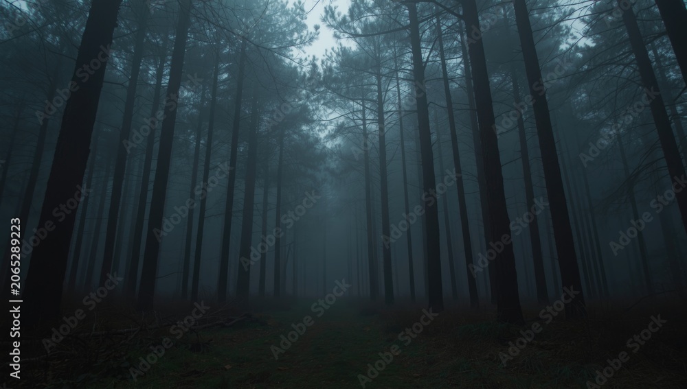 Fototapeta premium Foggy forest with tall pine trees and a narrow pathway