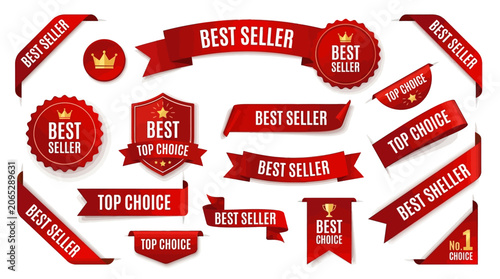 Collection of premium red best seller and top choice vector ribbons, banners, and badges for product promotion and quality recognition on an isolated background