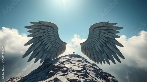 A pair of large white angel wings on top of a mountain peak