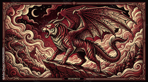 Majestic Crimson Dragon Standing on Rocky Peak Amidst Dark Mystical Clouds and Celestial Night