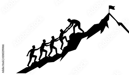Fotografía Teamwork and collaboration concept silhouette of people climbing a steep mountai