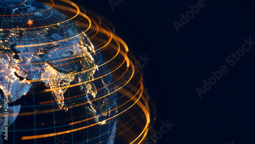 Digital glowing earth globe with interconnected orange orbital data lines