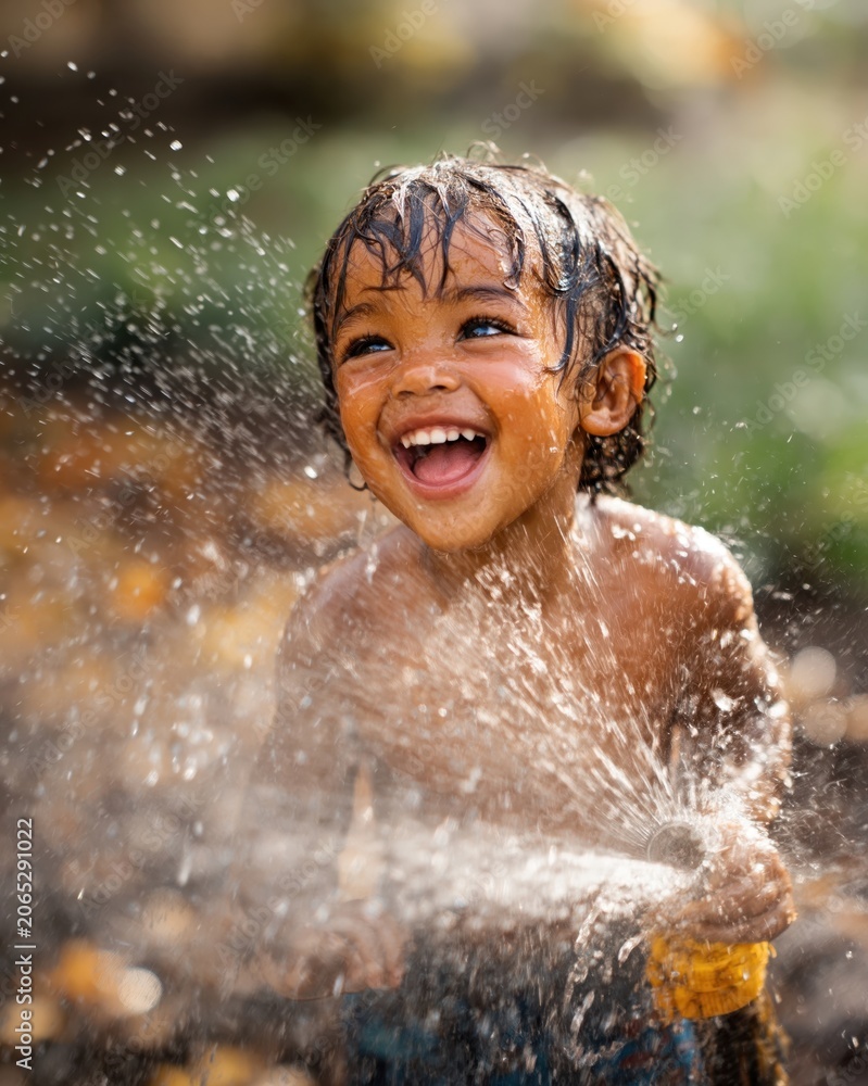 Fototapeta premium Joyful laughter fills the air as a child sprays water on a warm day in the garden, celebrating summer fun