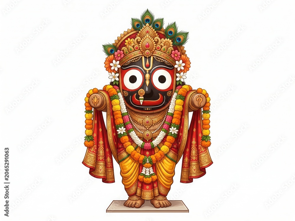 Fototapeta premium Lord Jagannath in Traditional Odisha Devotional Form Adorned with Floral Garlands Sacred Ceremonial Attire and Iconic Features Celebrating Ratha Yatra Heritage and Spiritual Culture