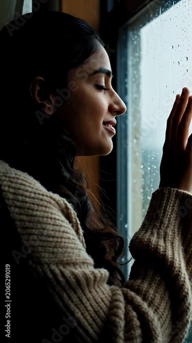 Woman leaning against window during a rainy day.