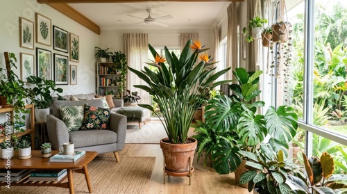 A vibrant indoor garden with a variety of tropical plants, including a large bird of paradise plant, a monstera, and a snake plant, creating a lush and green atmosphere .