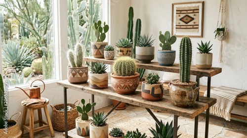 A variety of cacti and succulents displayed on a wooden shelf in a bohemian-style room with a window and a macrame hanging on the wall.