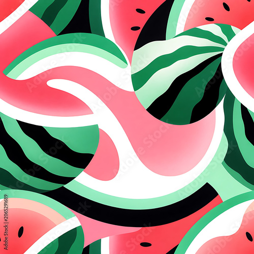 Bright background with abstract watermelons. Trendy summer print with juicy flesh, seeds