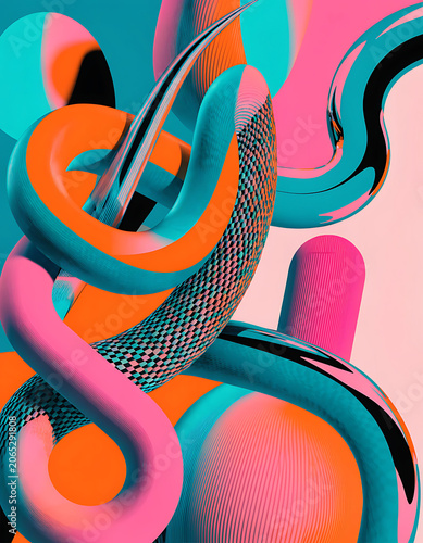 Bright 3D abstract background with futuristic curved shapes, neon elements and textures in pink, orange