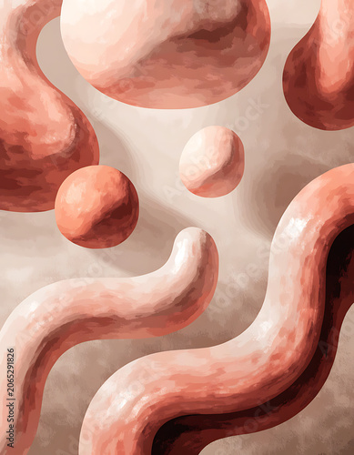 Abstract art with textured liquid shapes and spheres in warm terracotta and beige tones. Elegant digital painting