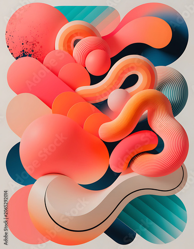 Modern 3D abstract background with matte liquid shapes, curved lines and spheres in sophisticated terracotta