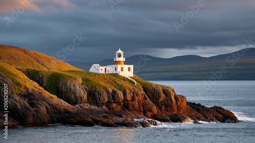 Remote lighthouse stands proudly on rocky cliff, overlooking deep blue sea at sunset, a beacon of hope and guidance