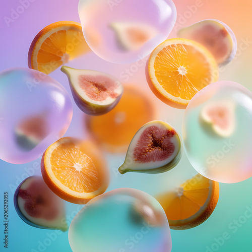 Fabulous 3D abstract background with levitating slices of orange, fig and translucent soap bubbles. Neo-realistic summer