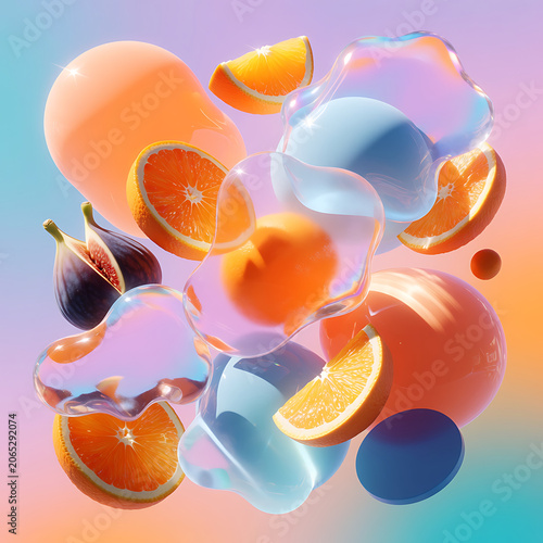 Fabulous 3D abstract background with levitating slices of orange, fig and translucent soap bubbles. Neo-realistic summer