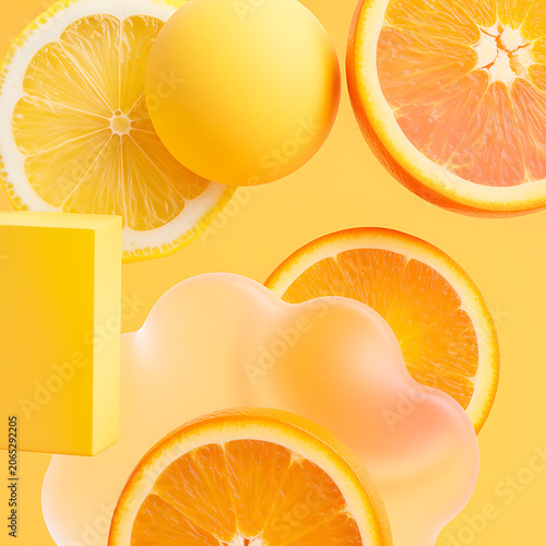 Abstract 3D render with juicy slices of lemon and orange levitating elements in pastel shades. Bright citrus fruits