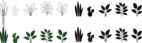 Potted Houseplant and Indoor Plant Icons Collection with Outline, Glyph and Colored Styles Vector Botanical Decoration Set Transparent Background