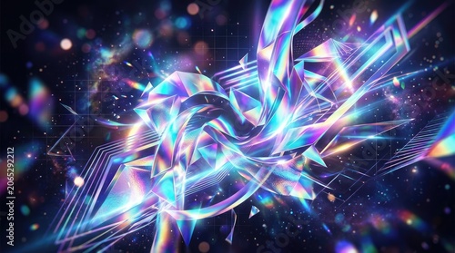 A vibrant, abstract digital artwork featuring a complex, geometric, and colorful design with a futuristic and cosmic .