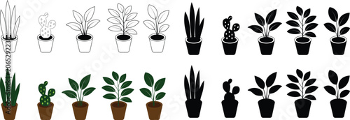 Potted Houseplant and Indoor Plant Icons Collection with Outline, Glyph and Colored Styles Vector Botanical Decoration Set Transparent Background
